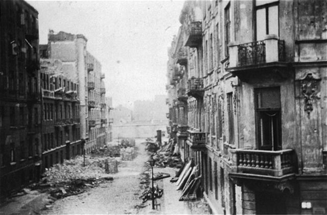A debris filled street in the Warsaw ghetto